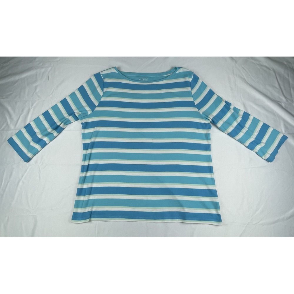 TALBOTS WOMENS XL STRIPED TEE BLUE WHITE 3/4 SLEEVE COTTON CASUAL TOP